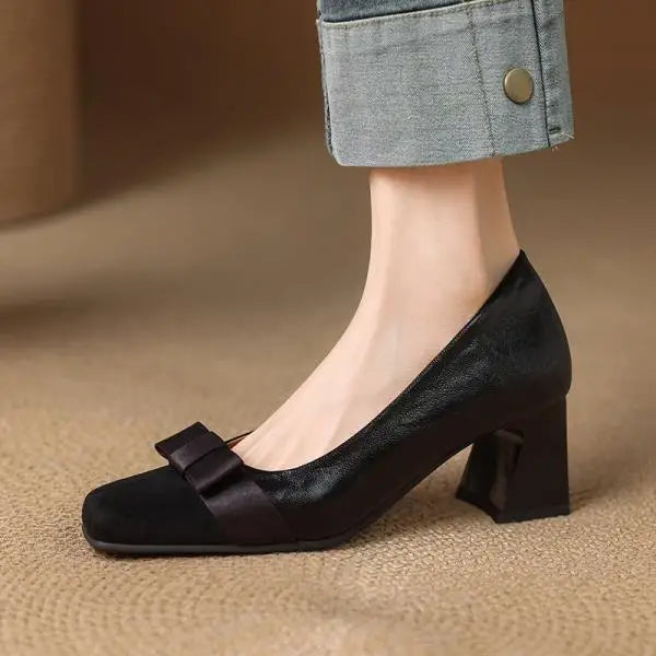 Escarpins Talon Bloc Femme en Cuir avec Nœud