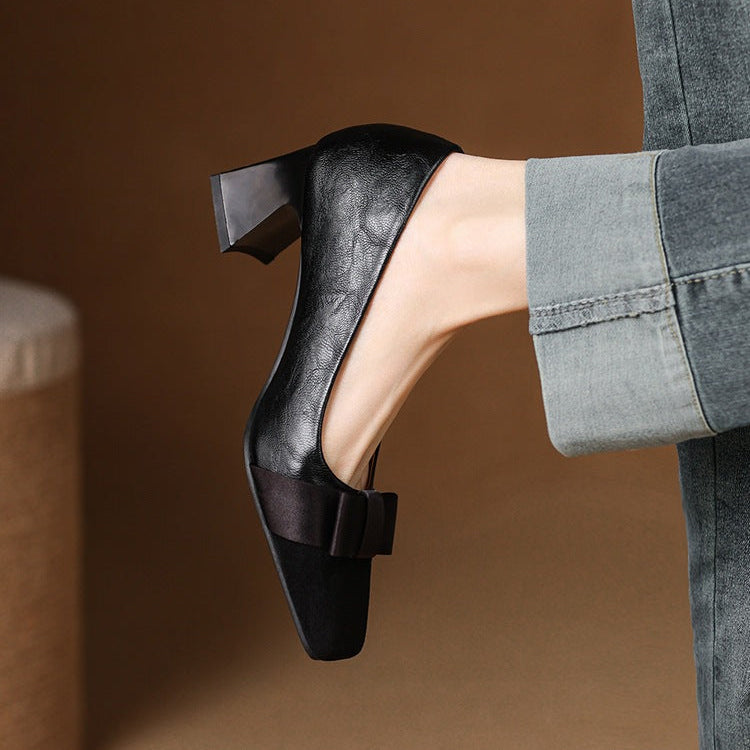 Escarpins Talon Bloc Femme en Cuir avec Nœud
