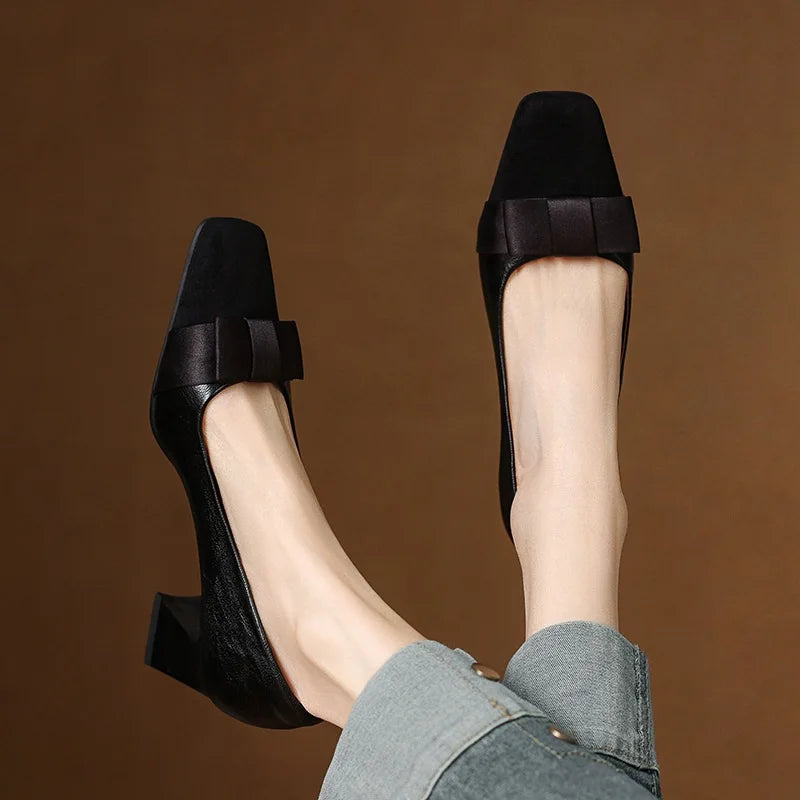 Escarpins Talon Bloc Femme en Cuir avec Nœud