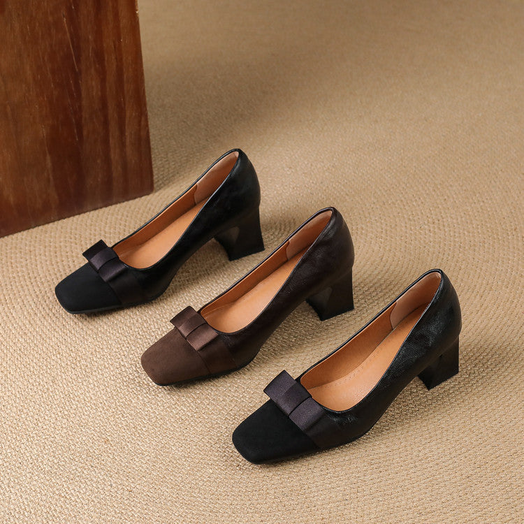 Escarpins Talon Bloc Femme en Cuir avec Nœud