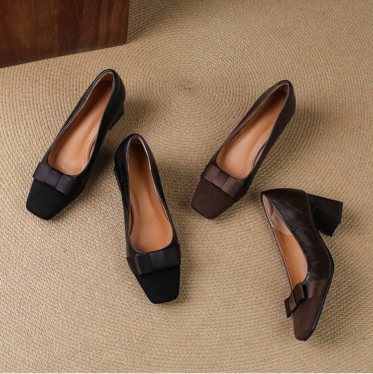 Escarpins Talon Bloc Femme en Cuir avec Nœud
