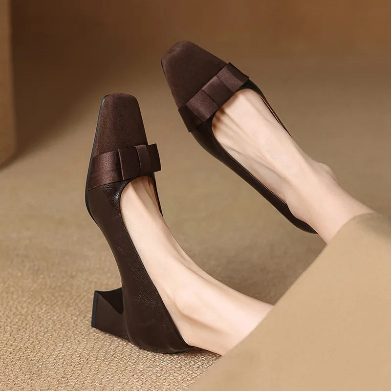 Escarpins Talon Bloc Femme en Cuir avec Nœud