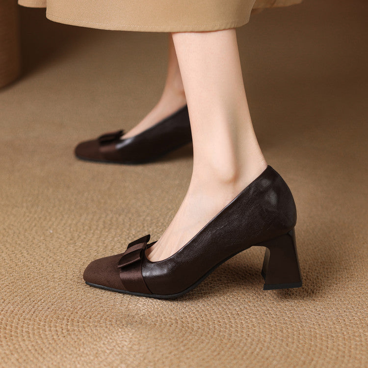 Escarpins Talon Bloc Femme en Cuir avec Nœud