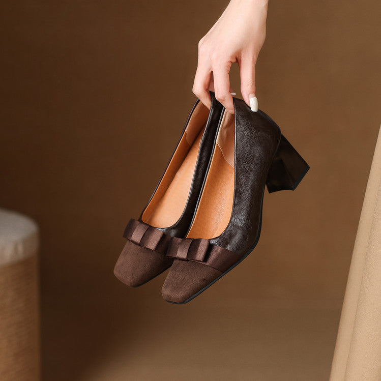 Escarpins Talon Bloc Femme en Cuir avec Nœud