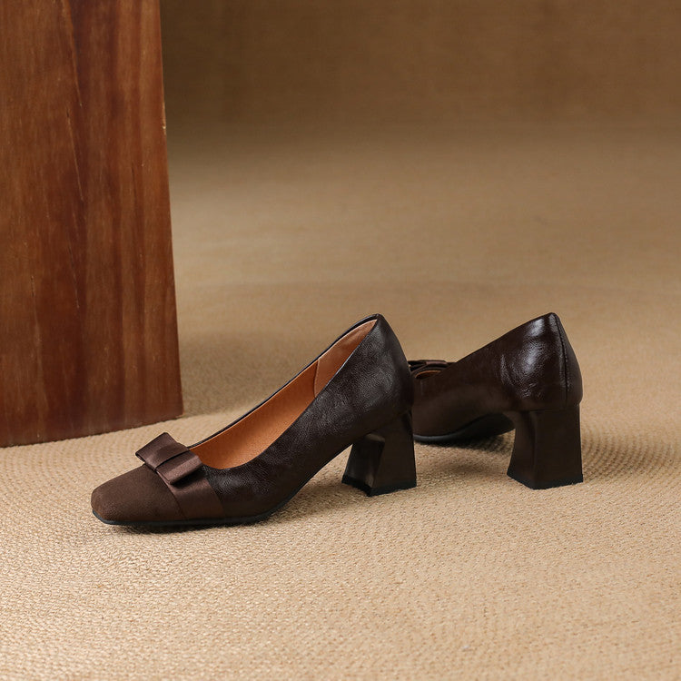 Escarpins Talon Bloc Femme en Cuir avec Nœud