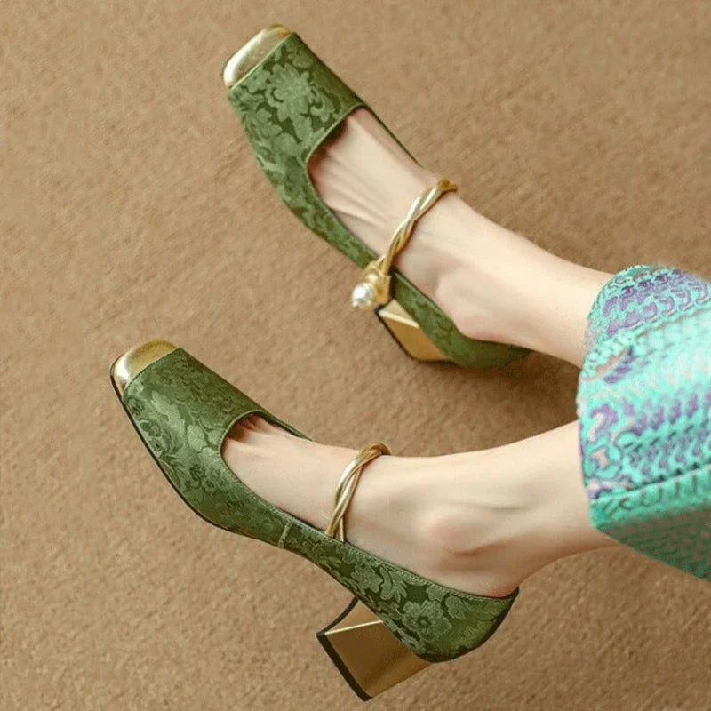 Escarpins talon carré femme satin bout carré métallisé bride perlée - Vert