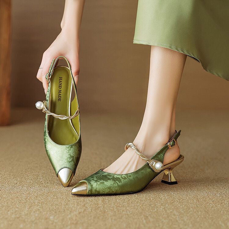 Escarpins Talon Fin Satinés Femme Bout Pointu Perles Soirée