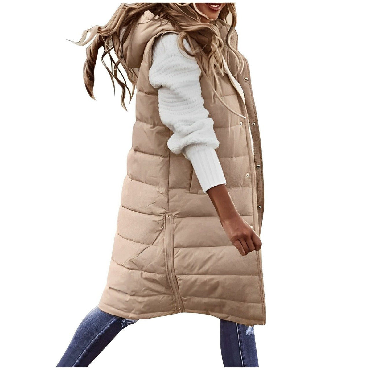 Gilet matelassé long sans manches femme - Kaki