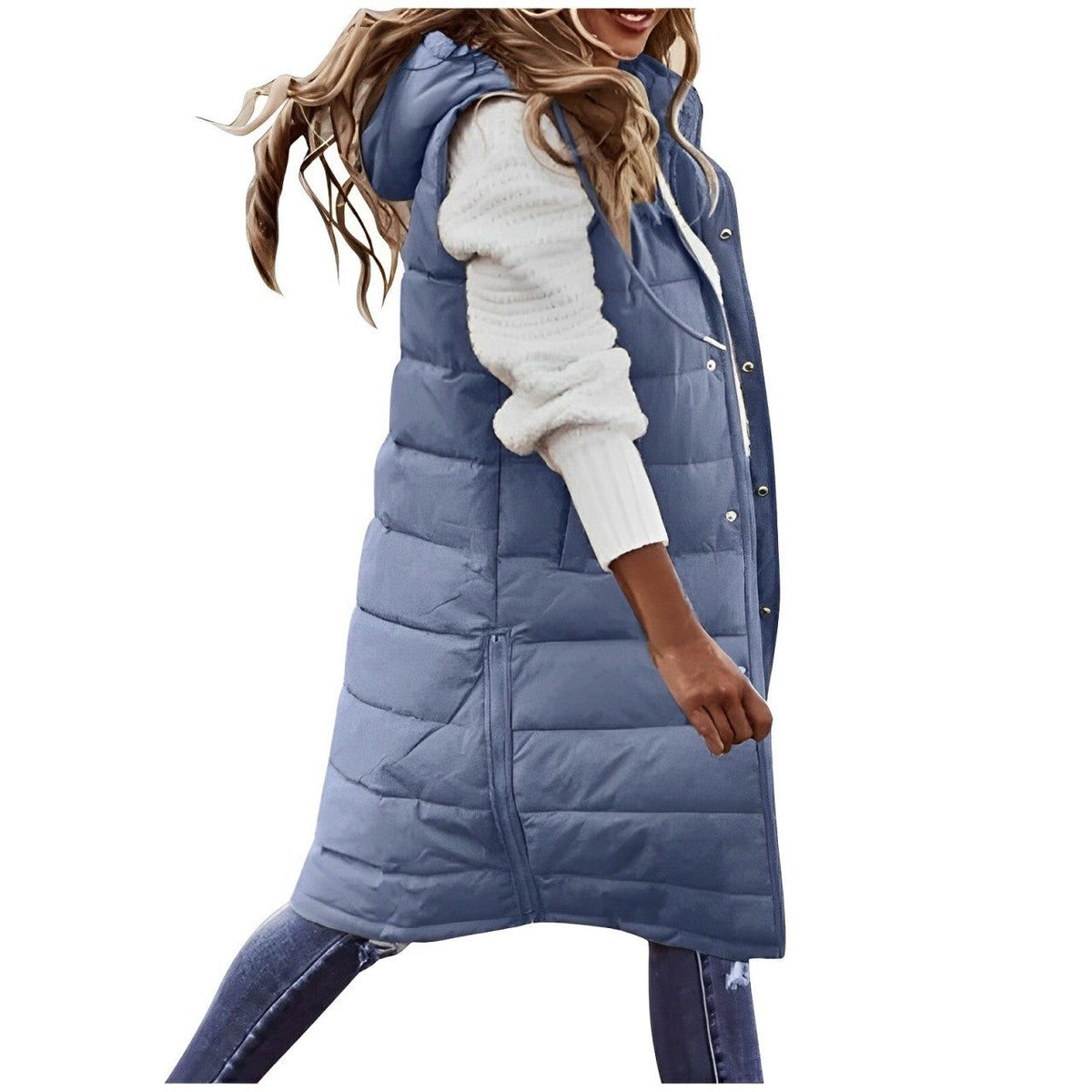 Gilet matelassé long sans manches femme - Bleu