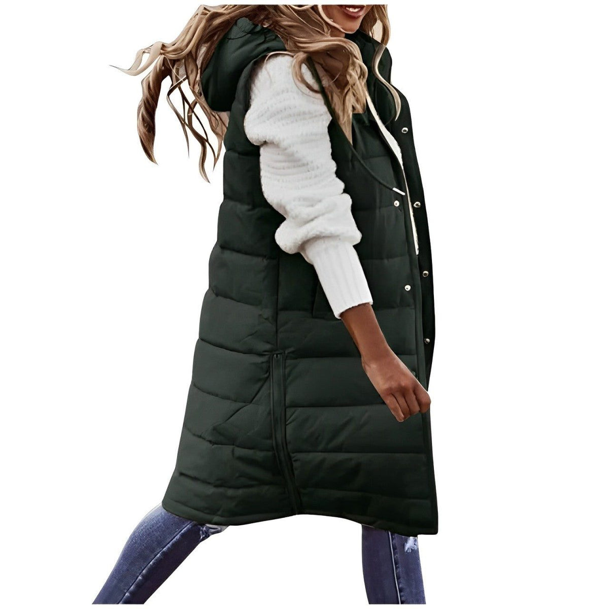 Gilet matelassé long sans manches femme - Vert