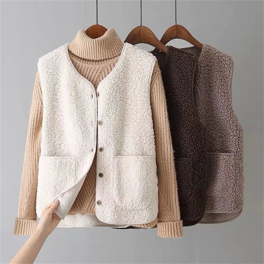 Gilet sans manches femme boutonné chaud automne hiver - Beige