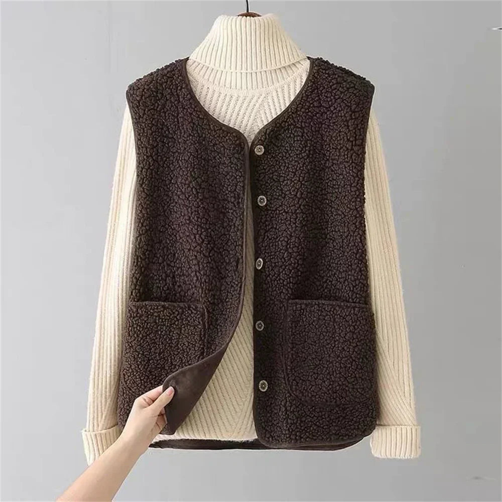 Gilet sans manches femme boutonné chaud automne hiver - Marron