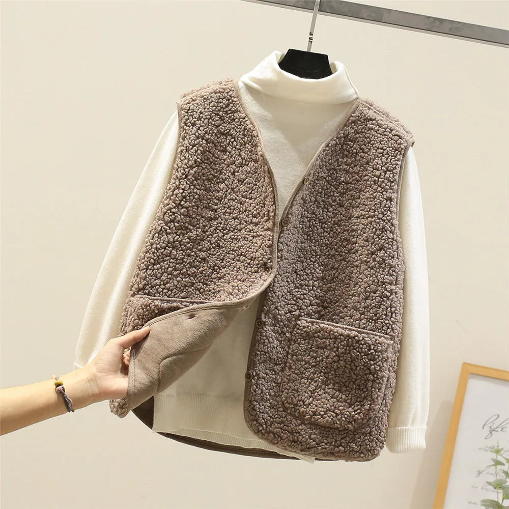 Gilet sans manches femme boutonné chaud automne hiver - Kaki