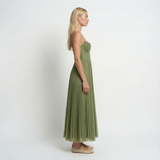 Robe midi évasée à plis – Col rond, taille marquée, élégante pour femme