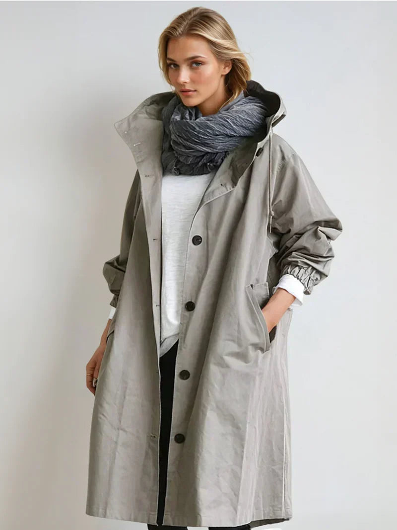 Imperméable femme à capuche et ceinture coupe-vent - Gris