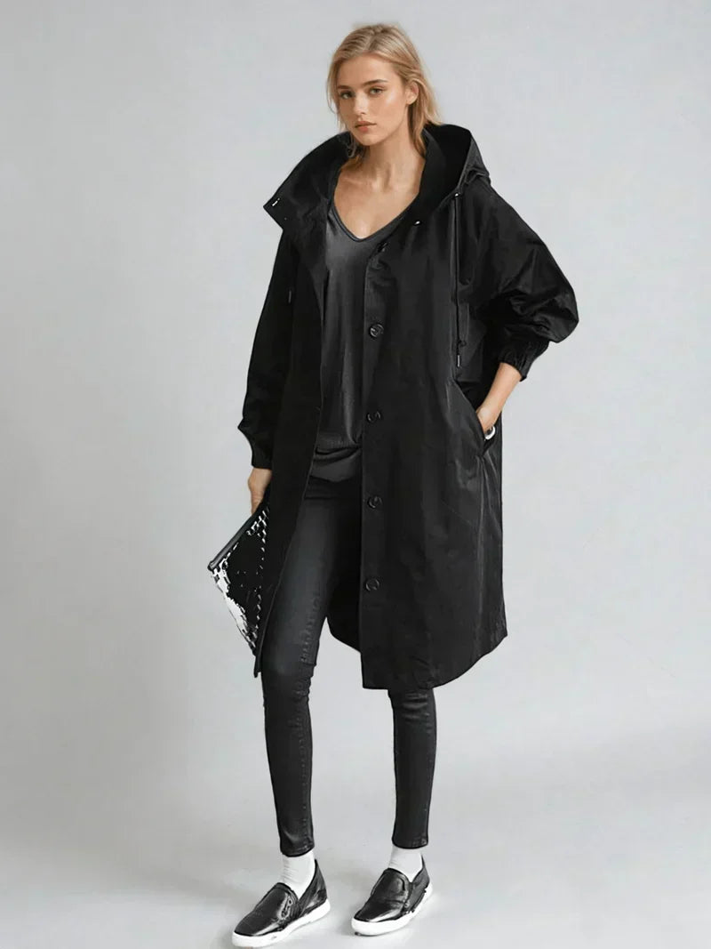 Imperméable femme à capuche et ceinture coupe-vent - Noir