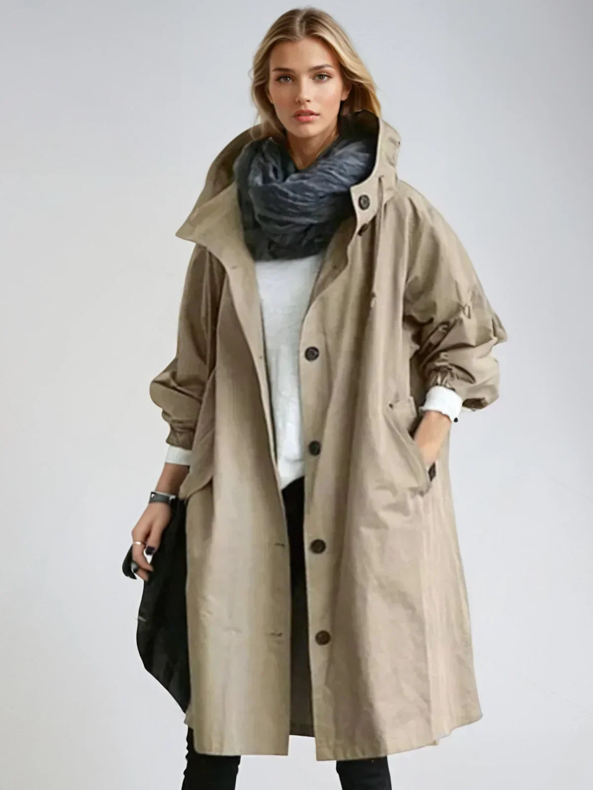 Imperméable femme à capuche et ceinture coupe-vent - Kaki