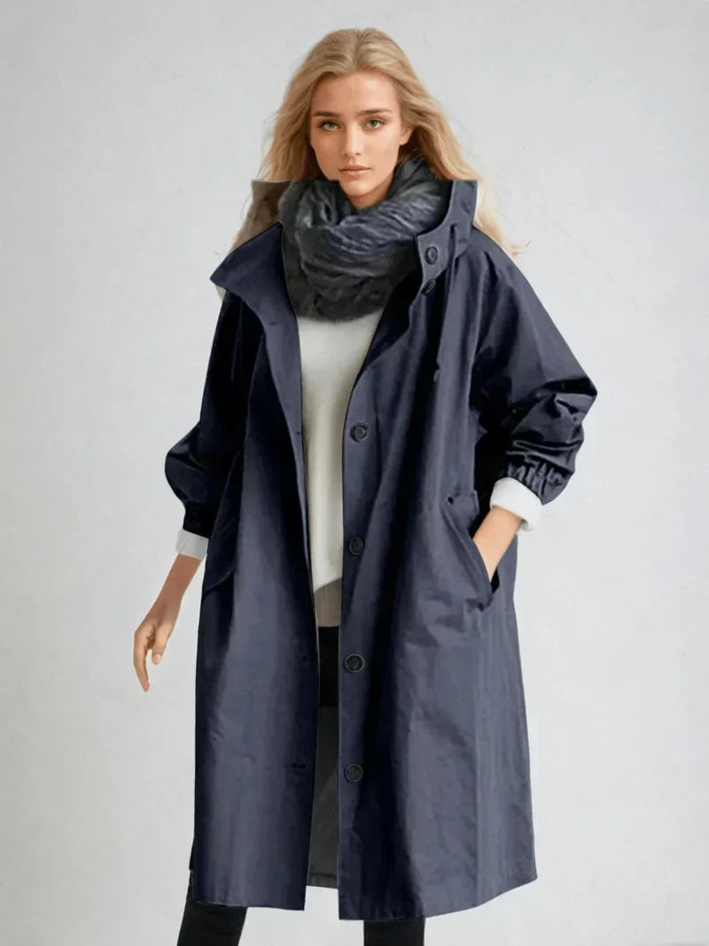 Imperméable femme à capuche et ceinture coupe-vent - Bleu