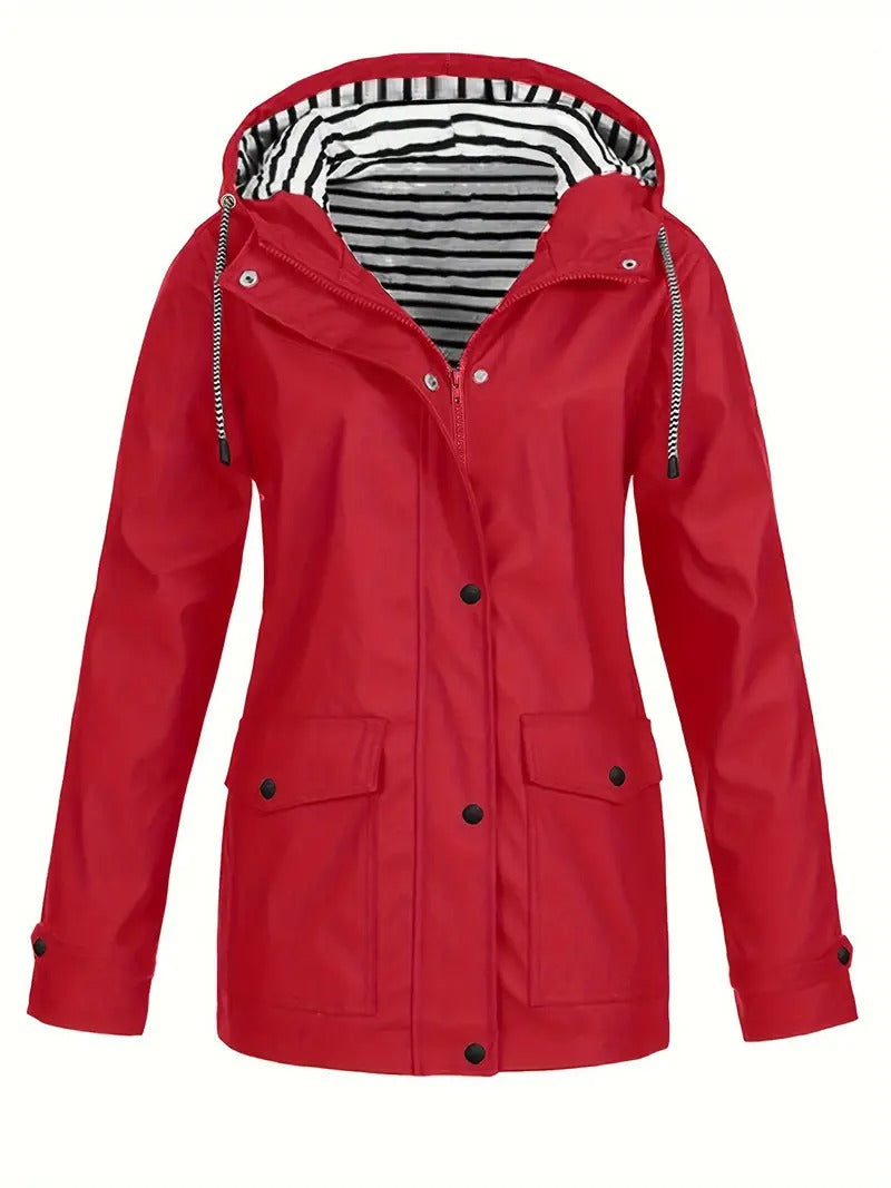 Imperméable Femme à Capuche Manches Longues - Rouge