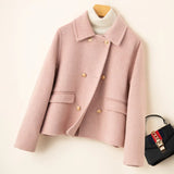Manteau cachemire femme col montant court croisé