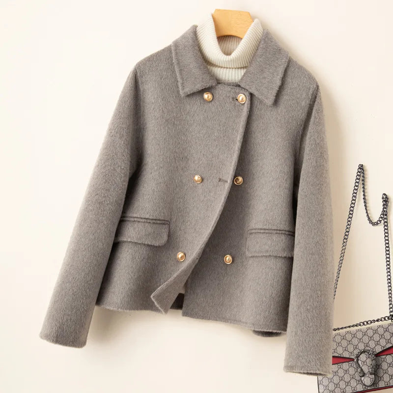 Manteau cachemire femme col montant court croisé