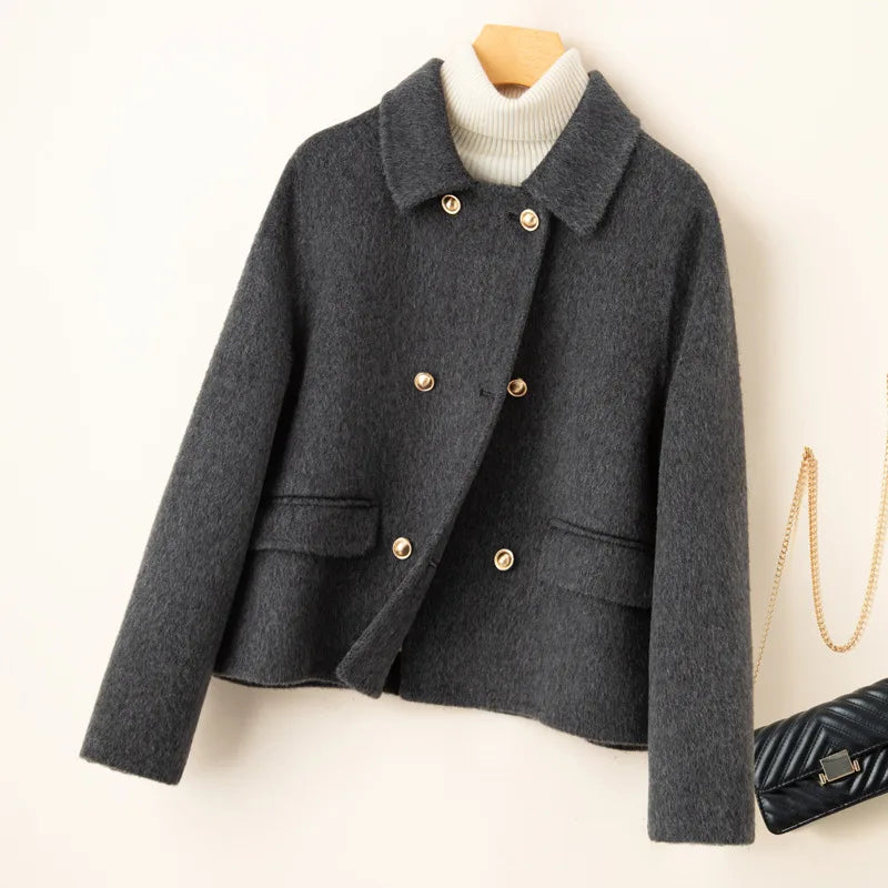Manteau cachemire femme col montant court croisé