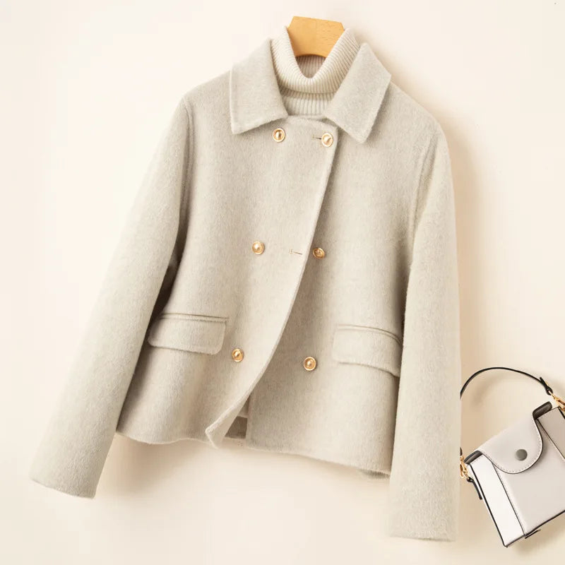 Manteau cachemire femme col montant court croisé