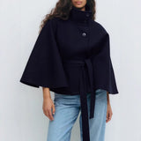 Manteau Cape Col Haut Femme Ceinturé Chaud Hiver