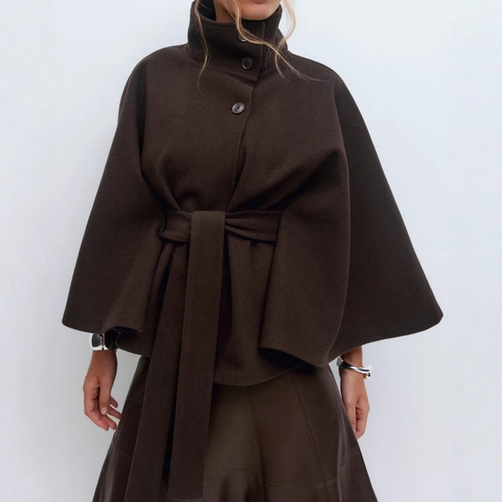 Manteau Cape Col Haut Femme Ceinturé Chaud Hiver