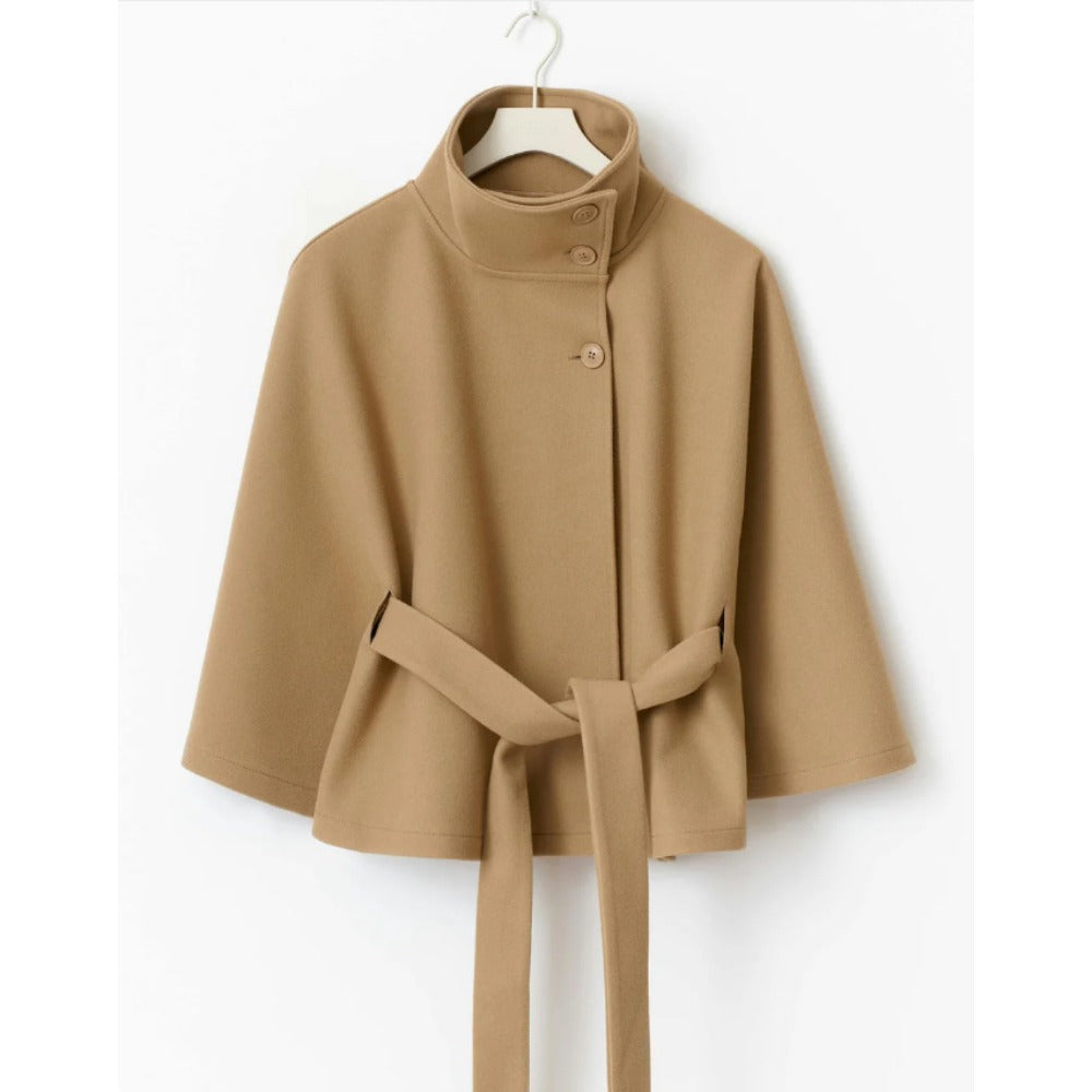 Manteau Cape Col Haut Femme Ceinturé Chaud Hiver