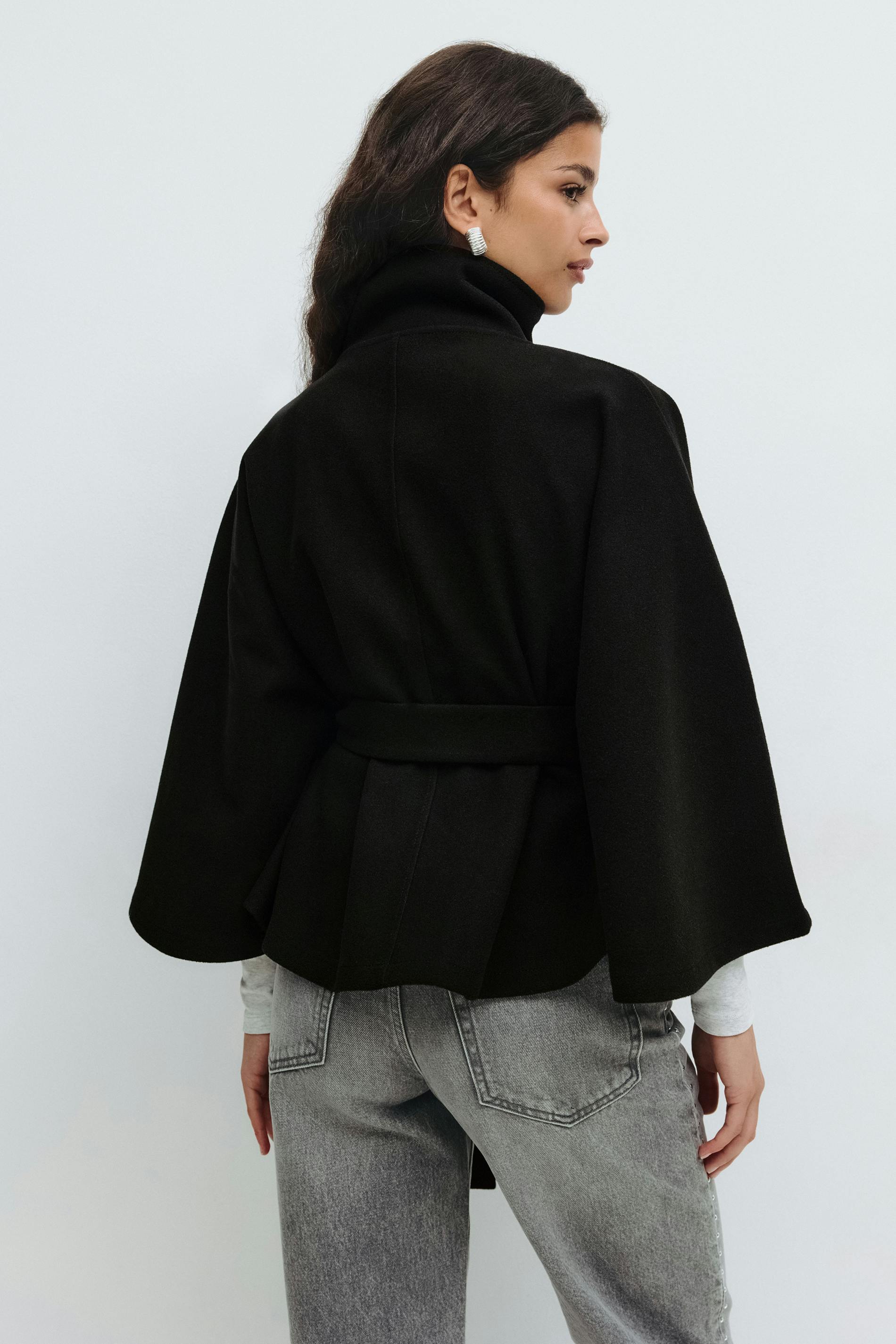 Manteau Cape Femme Col Haut Ceinture à Nœud