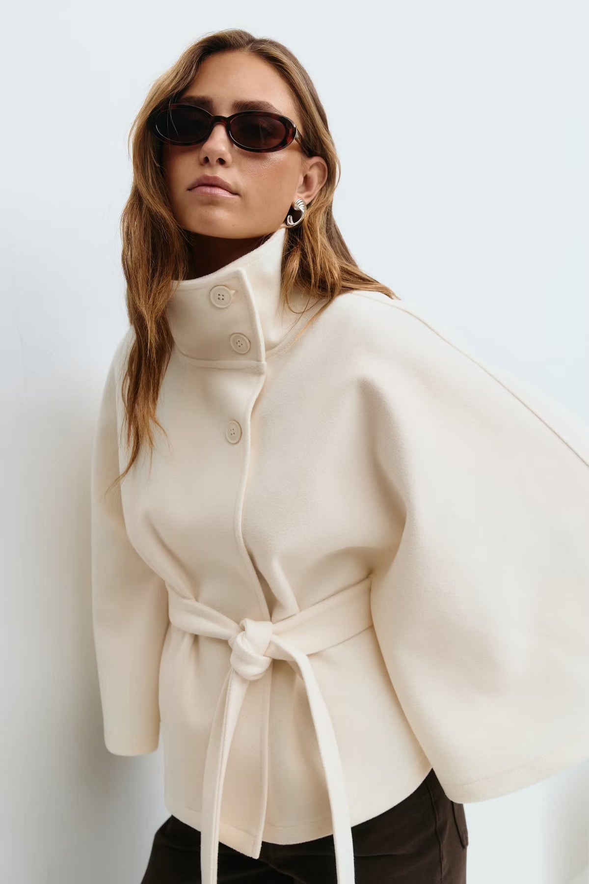 Manteau Cape Femme Col Haut Ceinture à Nœud