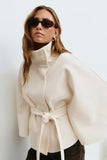 Manteau Cape Femme Col Haut Ceinture à Nœud
