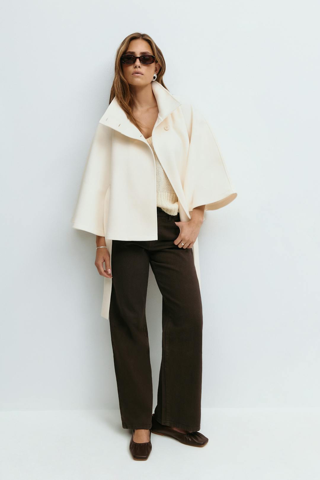 Manteau Cape Femme Col Haut Ceinture à Nœud