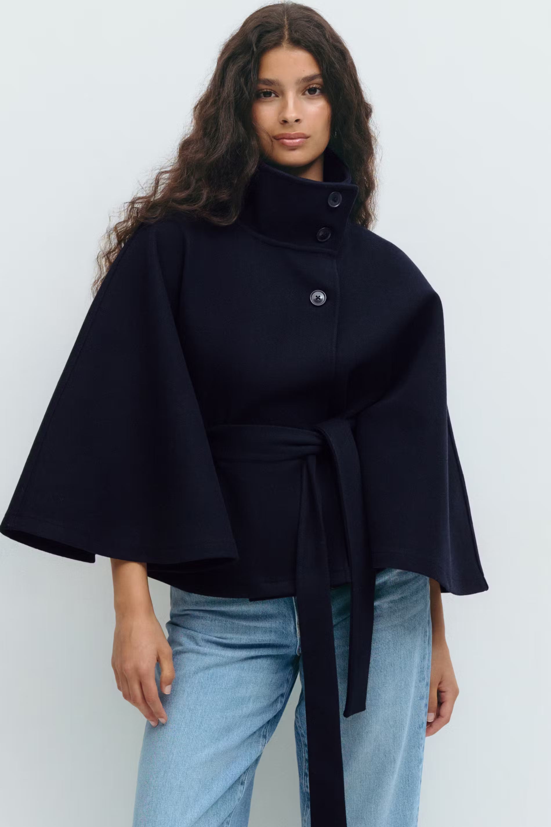 Manteau Cape Femme Col Haut Ceinture à Nœud