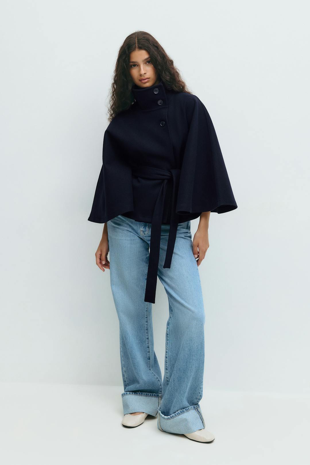 Manteau Cape Femme Col Haut Ceinture à Nœud