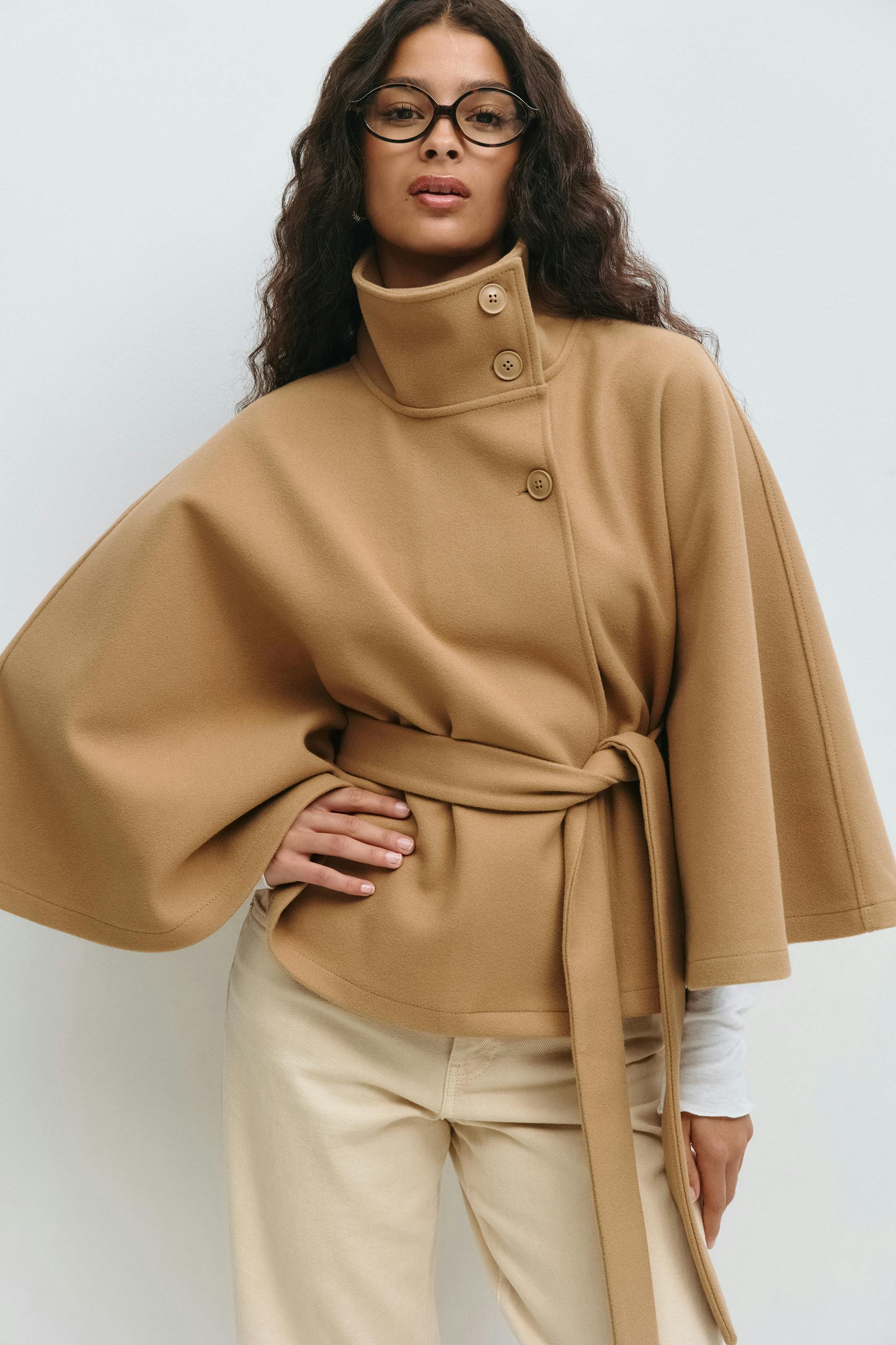 Manteau Cape Femme Col Haut Ceinture à Nœud