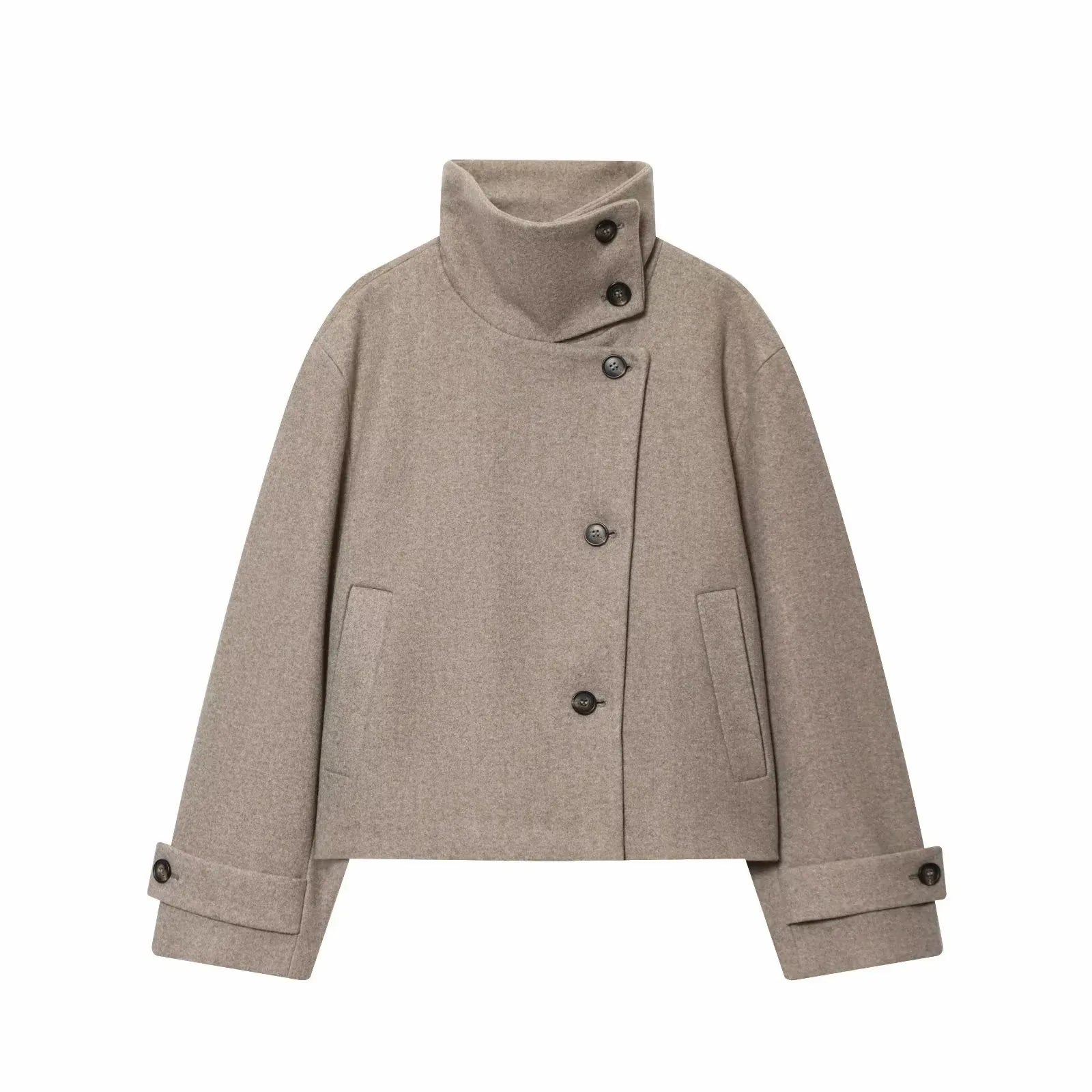 Manteau col montant femme en laine - Beige