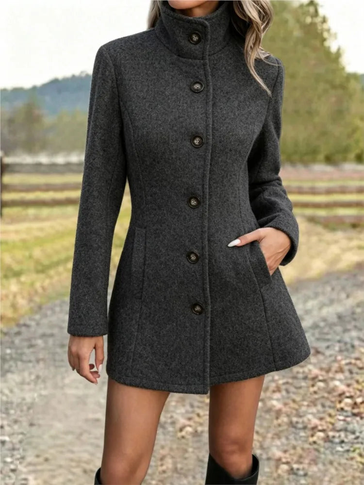 Manteau col montant femme en laine, coupe ajustée - Turquoise