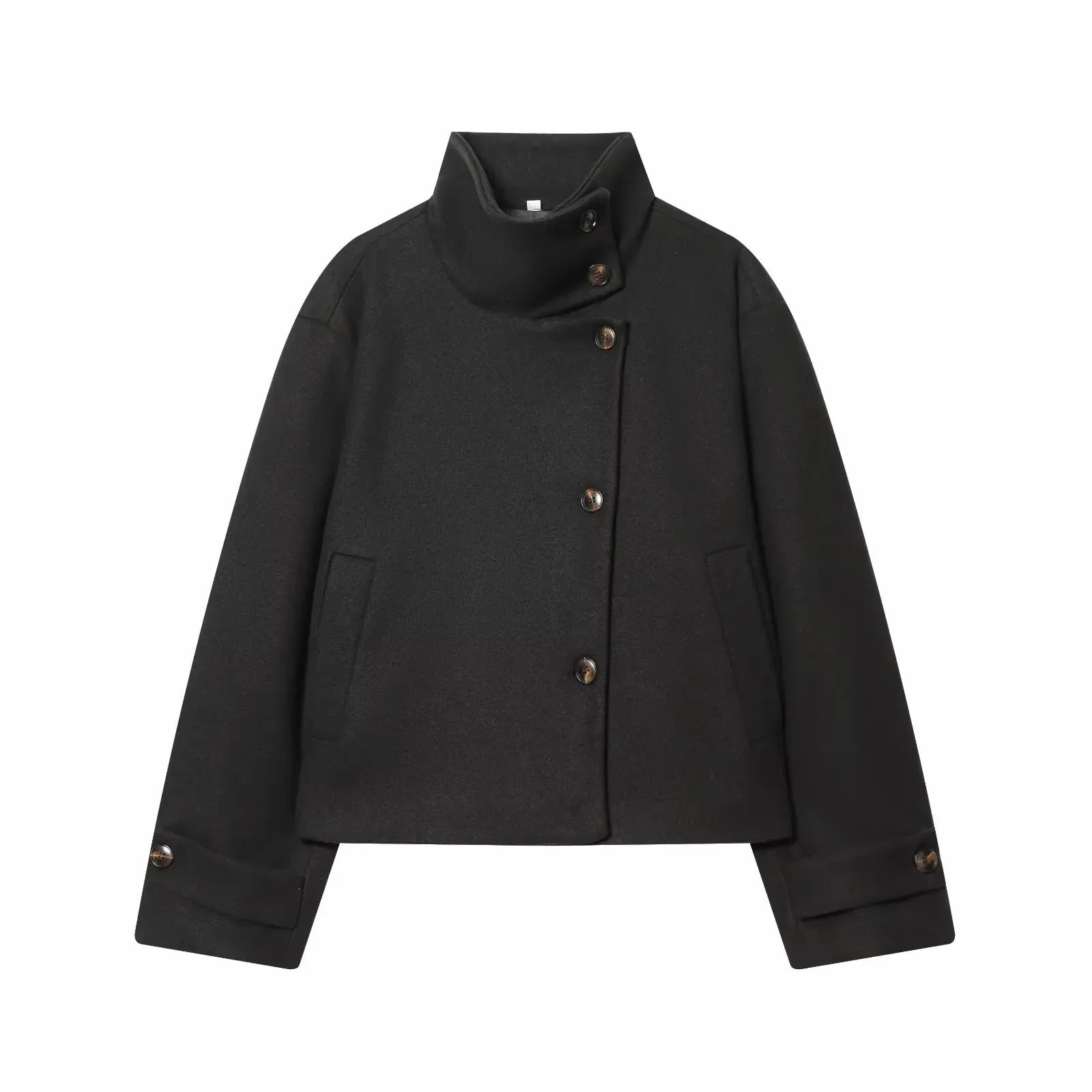 Manteau col montant femme en laine - Noir