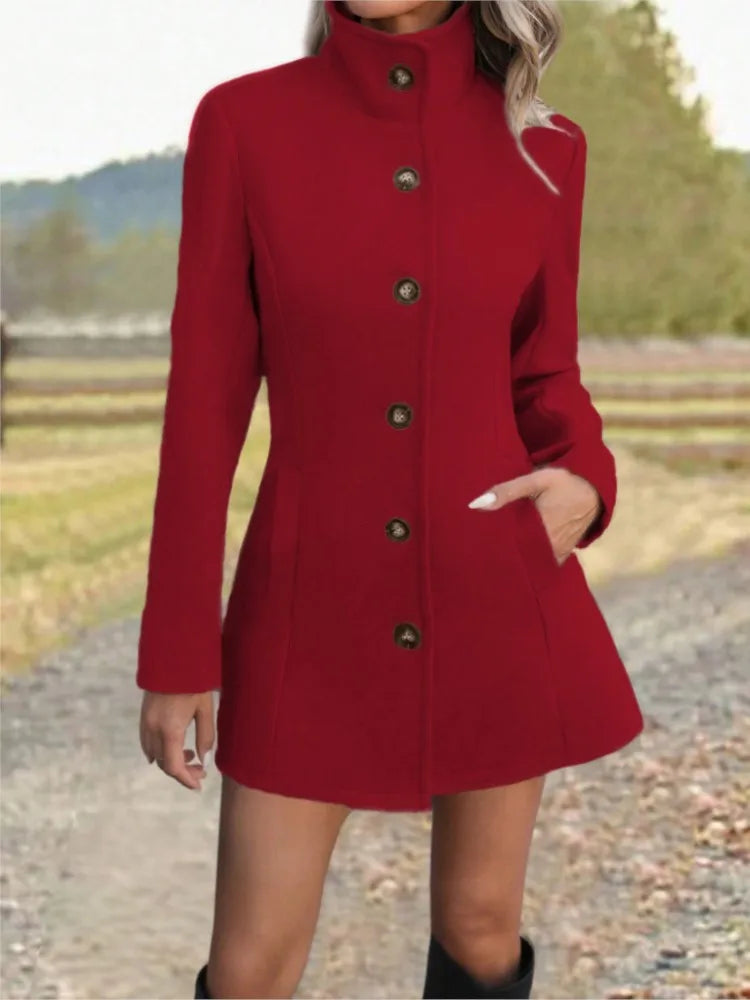 Manteau col montant femme en laine, coupe ajustée - Rouge