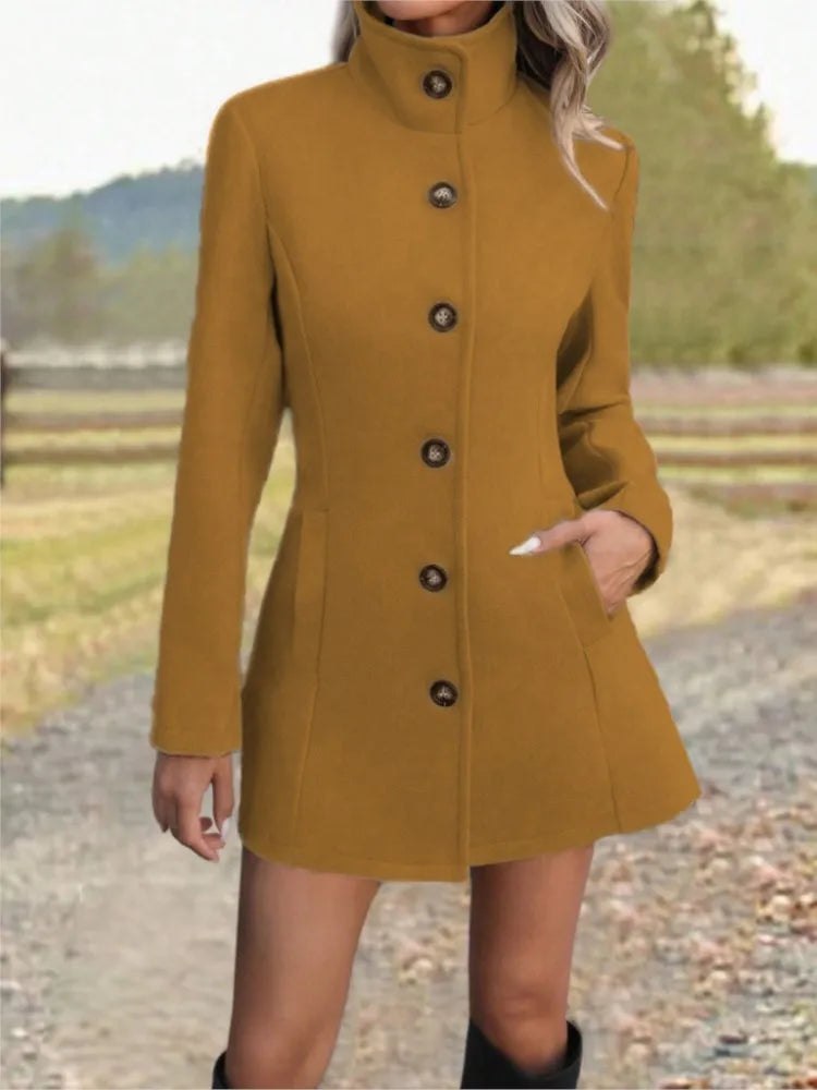 Manteau col montant femme en laine, coupe ajustée - Jaune