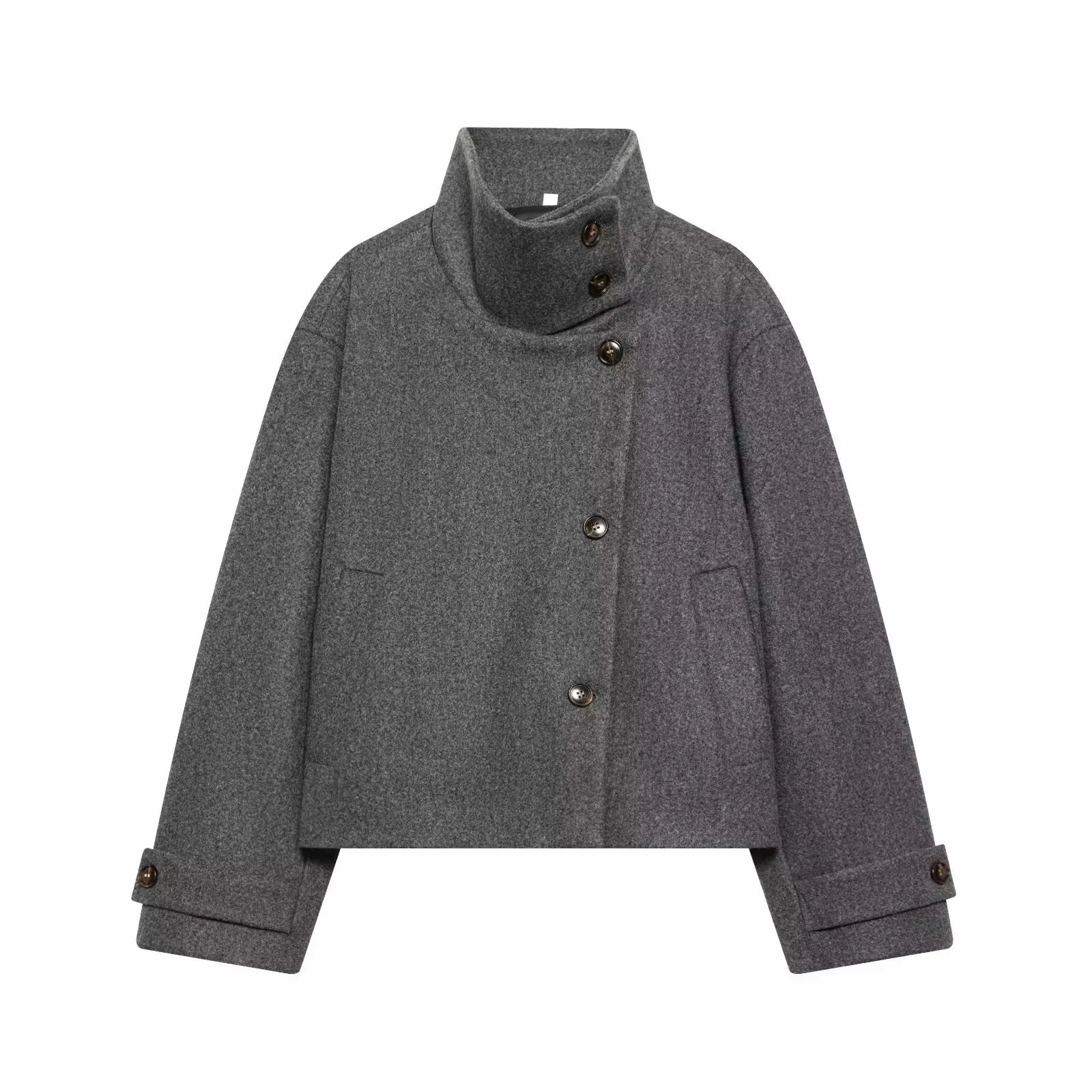 Manteau col montant femme en laine - Gris