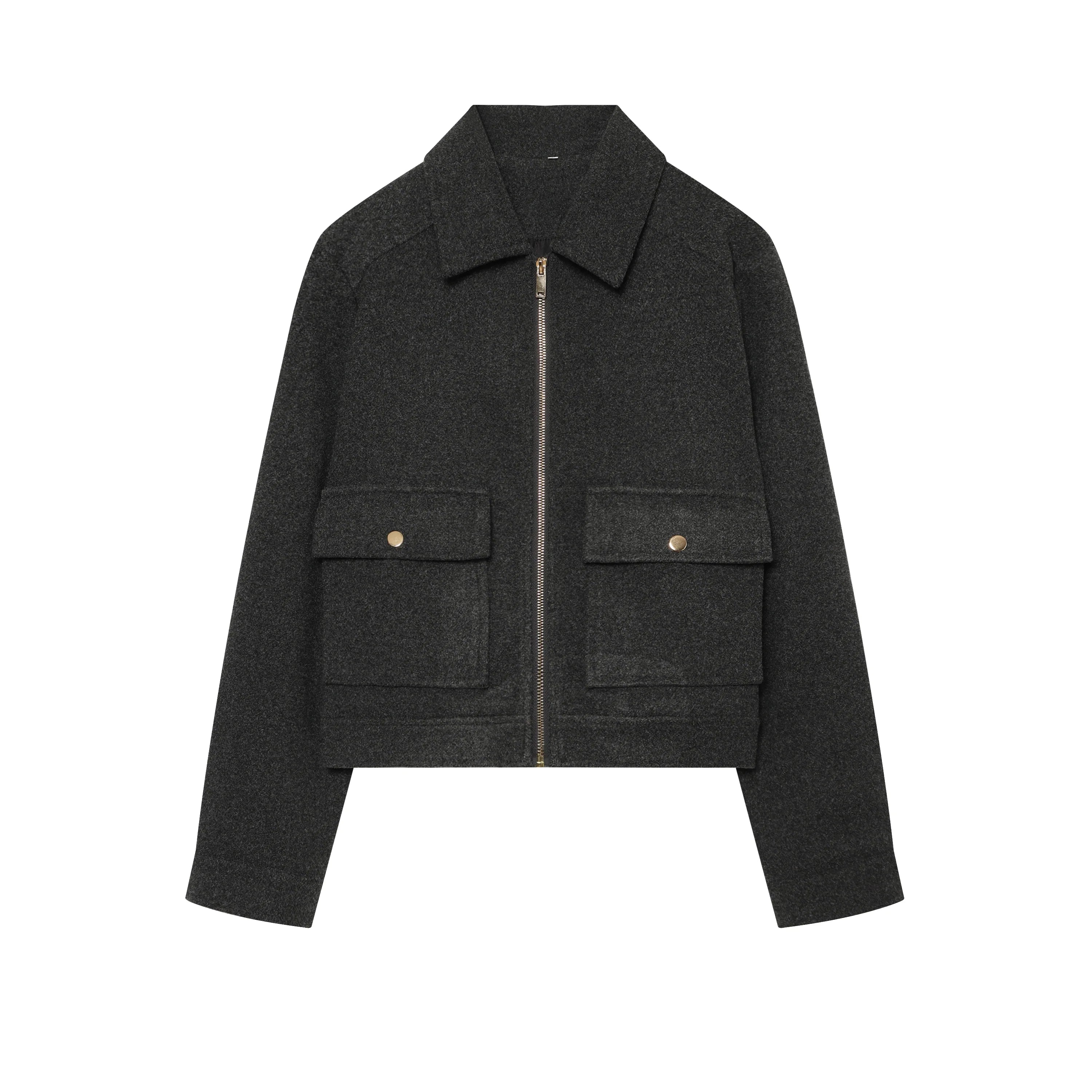Manteau col montant femme en laine - Gray Black