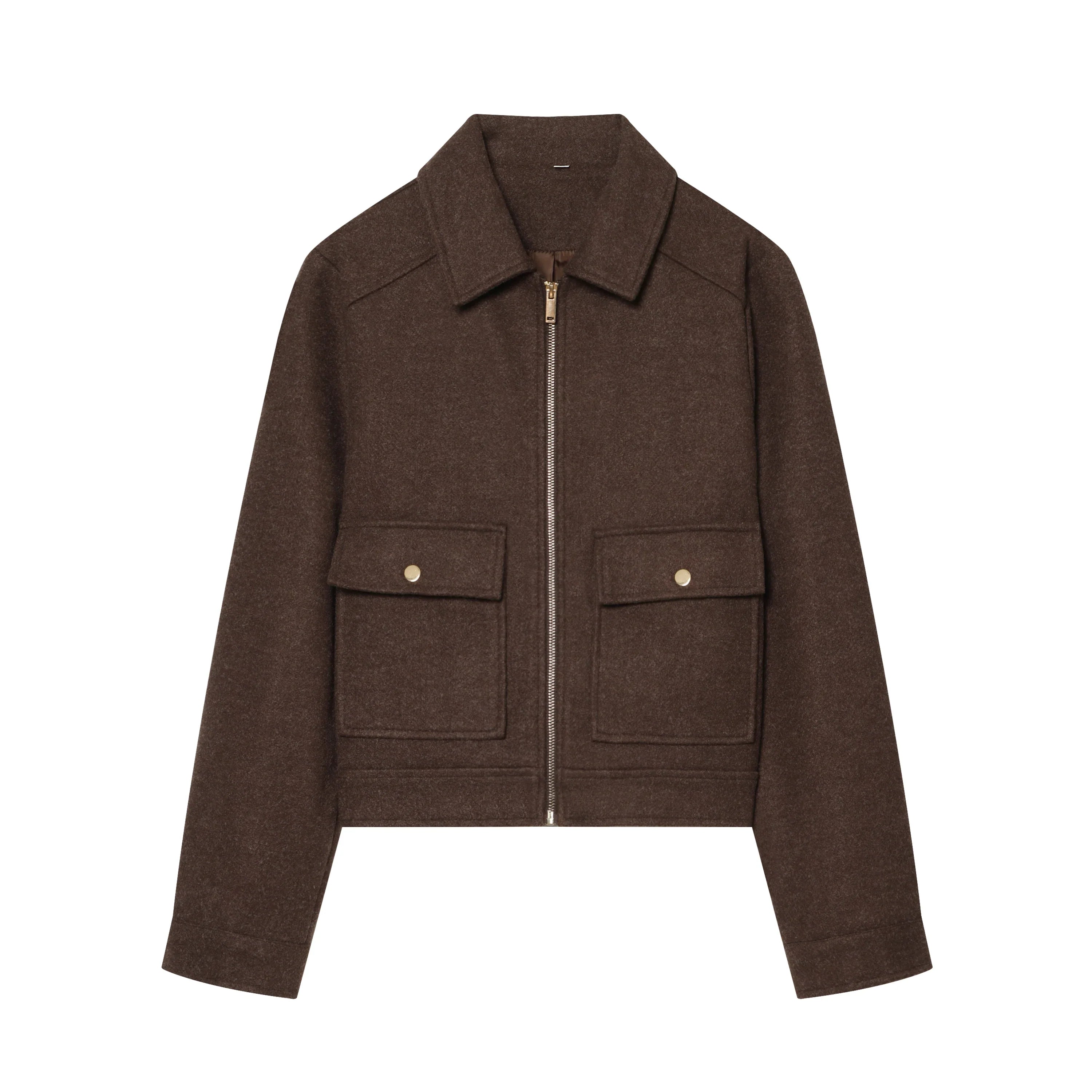 Manteau col montant femme en laine - Marron
