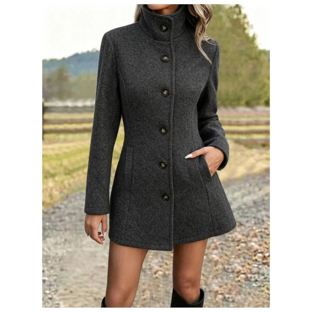 Manteau col montant femme en laine, coupe ajustée