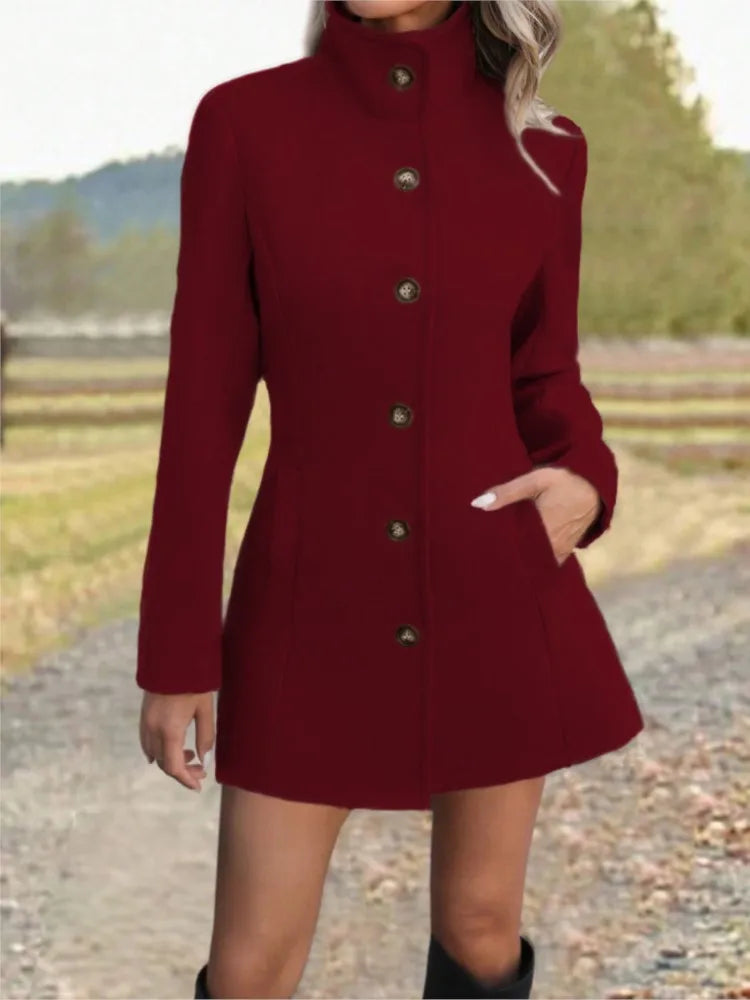 Manteau col montant femme en laine, coupe ajustée - Bordeaux