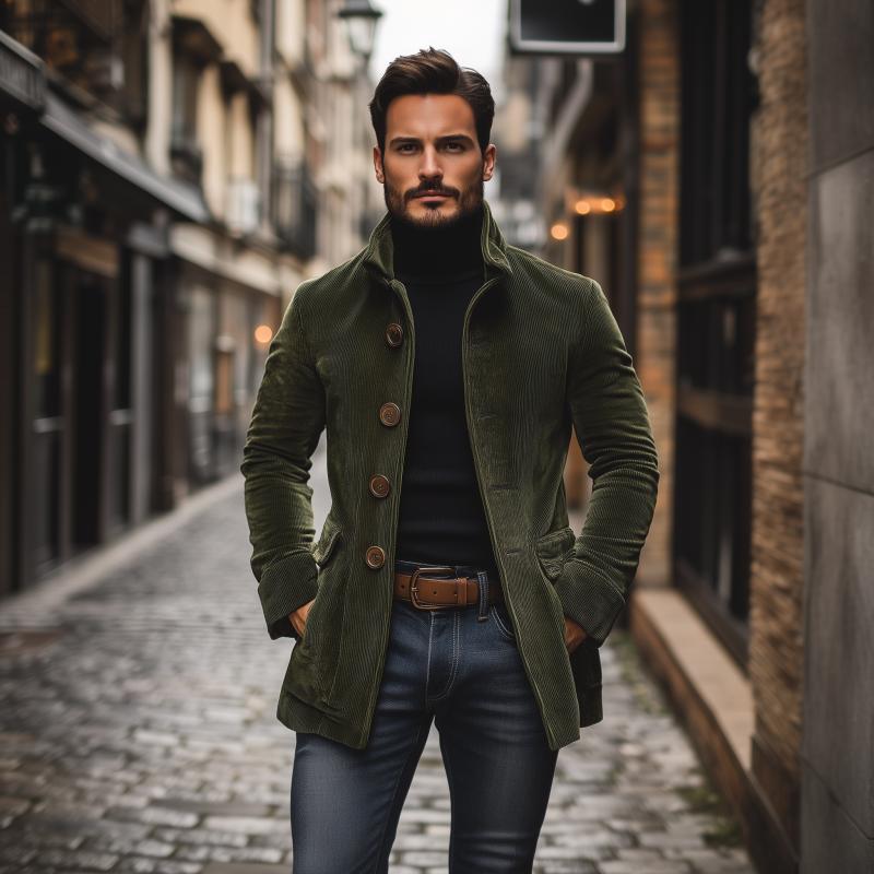 Manteau court col montant homme en velours côtelé