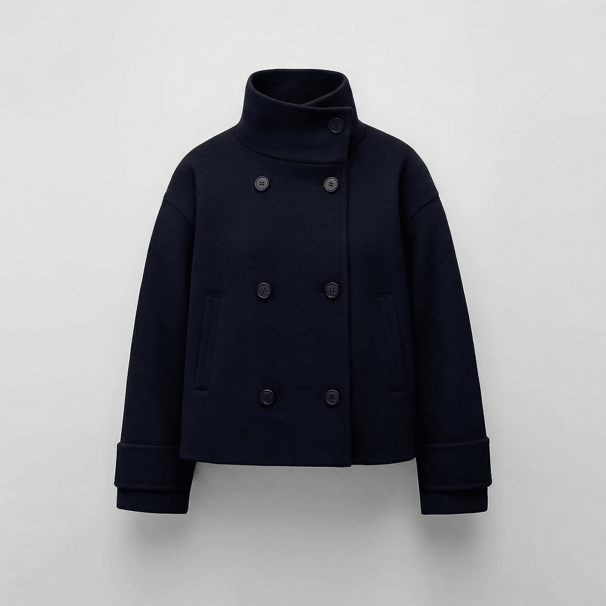 Manteau Court Femme Coupe Ajustée Double Boutonnage - Bleu marine
