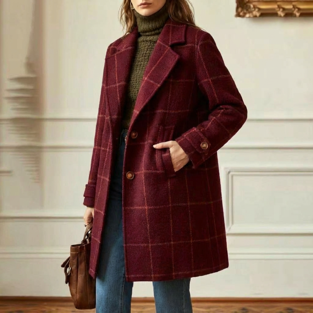 Manteau en laine à carreaux femme col revers